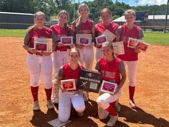 Copper Basin’s Lady Cougars captured multiple honors during their conquest of District 5A this year. Shown with their awards are, from left, front, Caitlin Pack and Taylee Hall; and back, Angela Graves, Riley Akens,Alexis Hyatt, Claire Ledford, and Riley Hall.