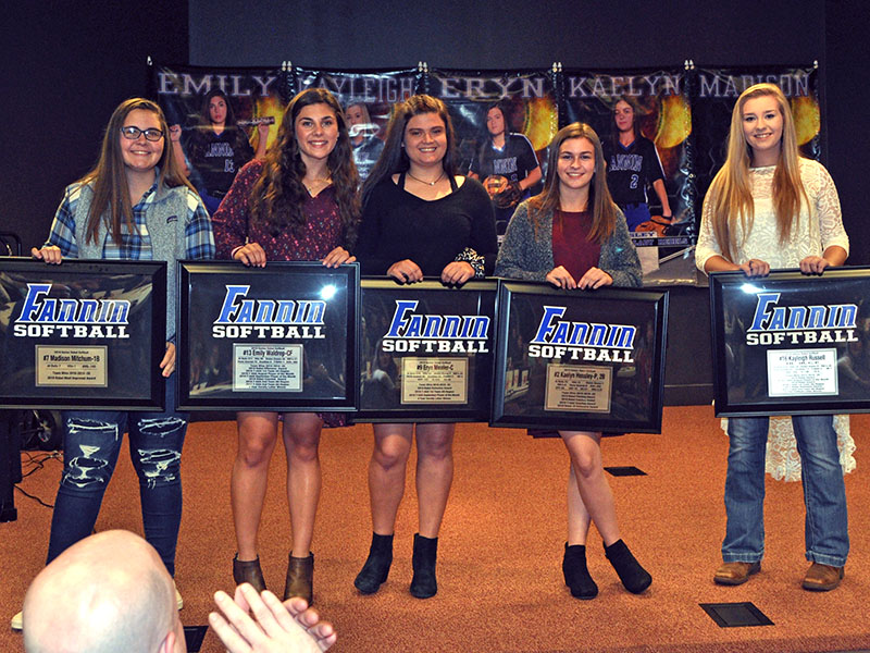 Five Lady Rebel softball seniors were honored at the Lady Rebels end of season banquet Monday, November 18. Seniors shown following the ceremony are, from left, Madison Mitchum, Emily Waldrep, Eryn Mealer, Kaelyn Hensley and Kayleigh Russell.