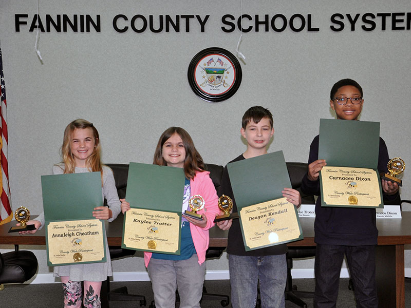 Spelling bee winners from each Fannin County school, excluding the high school, gathered for a county wide challenge Friday, January 10, at the Fannin County Board of Education office. Contestants are, from left, Annaleigh Cheatham of Blue Ridge Elementary, Kaylee Trotter of West Fannin Elementary, Deagan Kendall of East Fannin Elementary and Carnaceo Dixon of Fannin County Middle School.