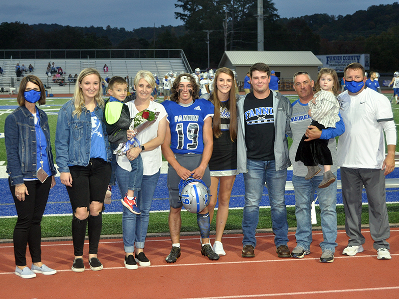 Fannin County High School held its senior night for the 2020 football, cheerleading, band, sports medicine and cross country seniors Friday, October 9. Shown are, from left, sister, Kendall Postell, brother, Michael Postell, mother, Stacy Postell, senior, Caleb Postell, senior cheerleader Anna Postell, brother, Matthew Postell, father, John Postell, father and sister, Kaylin Postell.