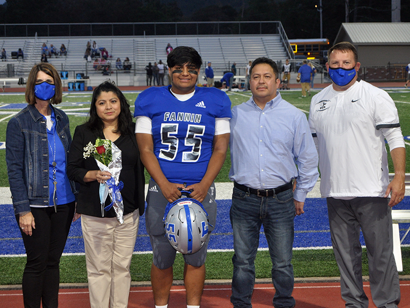 Christian Resendiz was one of 15 football seniors to be honored before Fannin’s game against Gordon Central Friday, October 9. Resendiz is shown with his parents Angelina and Alejandro Resendiz.