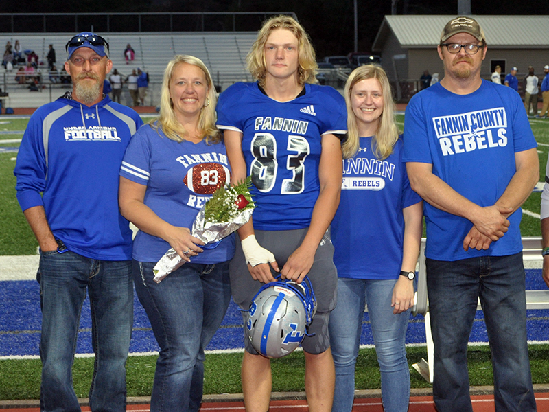 Dalton Ross was honored along with 14 other seniors during Fannin County High School’s senior night Friday, October 9. Shown are, from left, stepfather, Kevin Dilbeck, mother, Pearl Dilbeck, Ross, sister, Roxie Ross and father, Chris Ross.