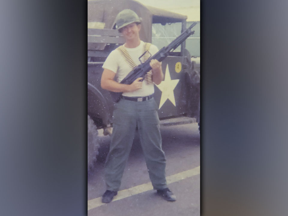 Vietnam veteran Ken Campbell prepares for guard duty in Vietnam where he served a full year.