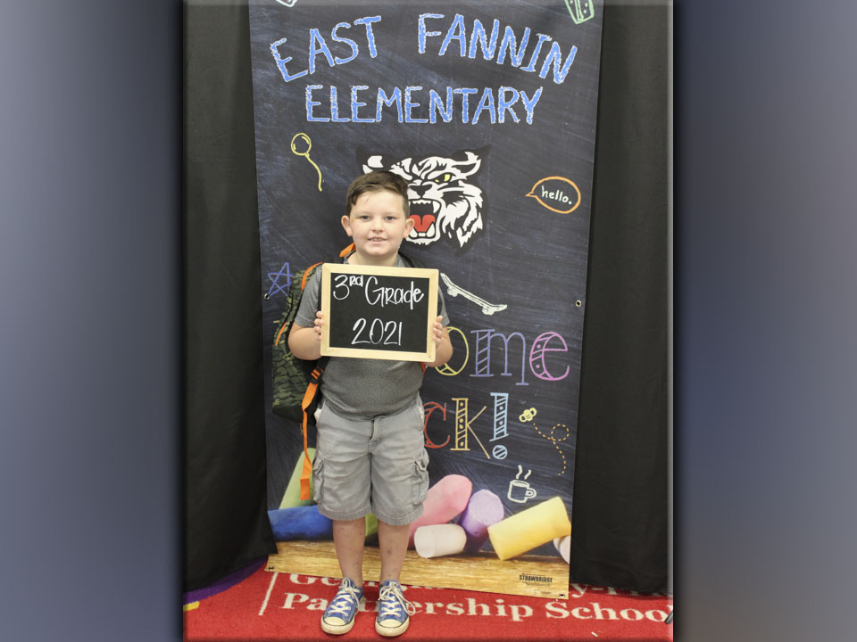 East Fannin Elementary School third grader Kaden Peardon is ready for his first day of school Friday, July 30.