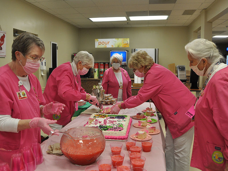 These Pink Ladies, Barbara Cheatham, Carole Thomas, Laura Haight, Becky Guthrie, and Joan Huddleston, make sure everything is ready for hospital employees during the March 20 reception. Shirley Copeland said that because of COVID-19 this was the first time in several years the Pink Ladies were able to hold the annual reception that recognized the hard work and caring of the staff at Fannin Regional Hospital.