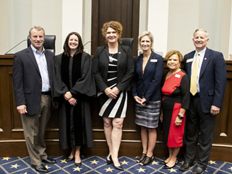 Several local officials were on hand to witness Amanda Mercier’s oath of office ceremony as she steps into the role of Chief Judge of the Georgia Court of Appeals. Shown following the ceremony are, from left, Fannin County Sheriff Dane Kirby, Mercier, Appalachian Judicial Circuit District Attorney B. Alison Sosebee, Fannin County Clerk of Court Dana Chastain, Appalachian Judicial Circuit Chief Superior Court Judge Brenda Weaver, and State Representative Johnny Chastain.