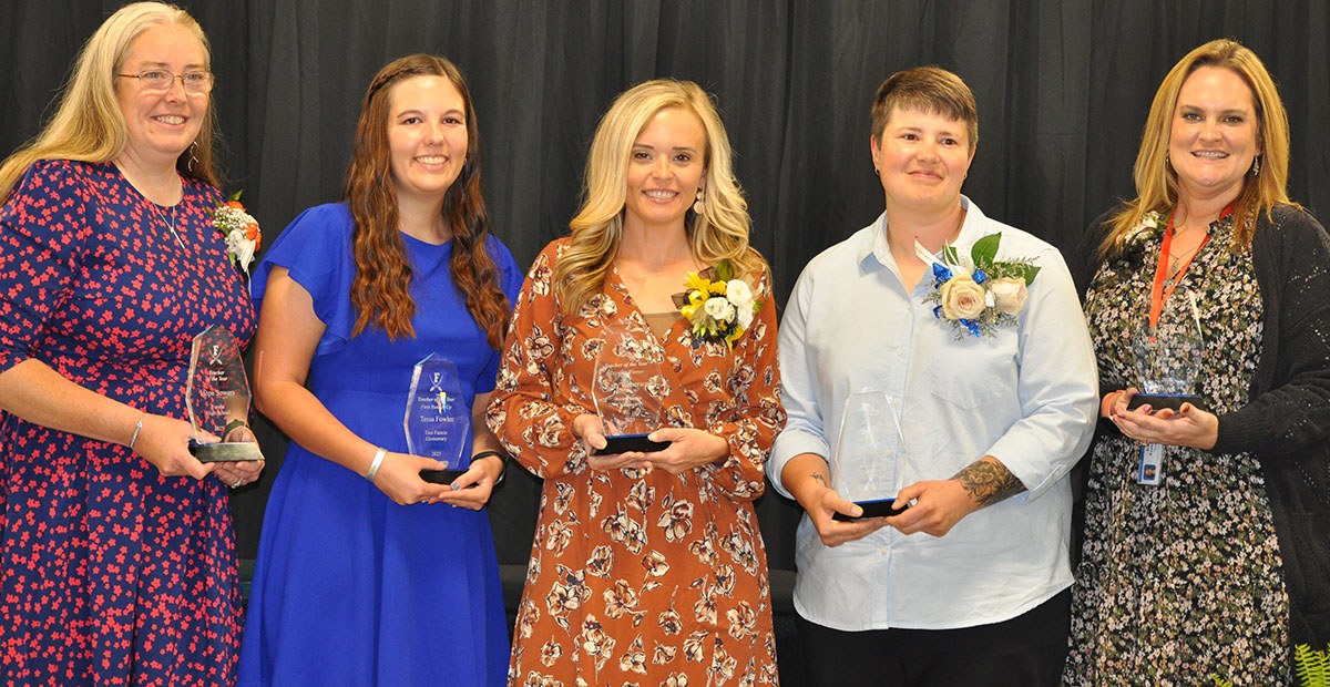 The Fannin County School System’s Teacher of the Year nominees were all honored at an annual banquet held earlier this month. Each of the nominees was selected by their peers at their respective school. Shown at the banquet and following the announcement of the county wide winners are, from left, Hope Sowers of Fannin County High School, Tessa Fowler of East Fannin Elementary School, Katy Roberson of West Fannin Elementary School, Laura Babcock of Blue Ridge Elementary School, and Katherine Franklin of Fann