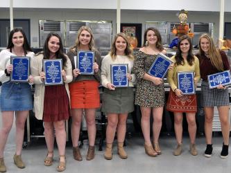 Seven seniors were celebrated at the Fannin County Lady Rebels volleyball banquet Tuesday, October 15. Seniors are, from left, Cheyanne Tilson, Haley Parks, Hannah Green, Courtney Earls, Carly Crawford, Madison Bowers and Sydnie Jones.