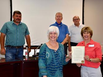 The Fannin County Board of Commissioners proclaimed the week of September 17 through the 23 as Constitution Week and Thursday, September 17, as Constitution Day during a meeting Tuesday, September 8. Shown are, from left, back, Post One Commissioner Earl Johnson, Chairman Stan Helton and Post Two Commissioner Glenn Patterson; front, Karen Alsup and Nancy Page with The Old Unicoi Trail Chapter of National Society of the Daughters of the American Revolution.
