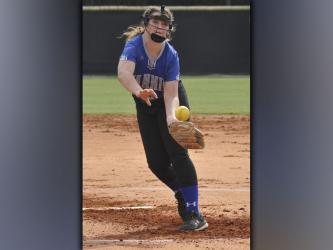 Natalie Herendon throws a strike during the Lady Rebels preseason softball game against Gilmer County Thursday, August 5. Herendon tallied four strike outs in the game.