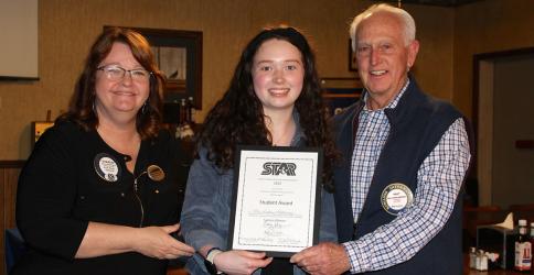 Fannin County High School senior Kirsten Holloway, center, was named the 2022 Student Teacher Achievement Recognition (STAR) student for Fannin County Monday, February 28, at the annual banquet sponsored by the Kiwanis Club of Blue Ridge. She is shown with, Kiwanis Club STAR Committee Chairwoman Sharon McFarland and Kiwanis President Bill Echelberger.