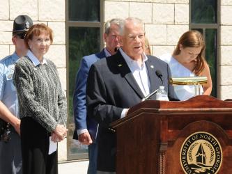 David Ralston, District 7 representative and Speaker of the Georgia House of Representatives, announces $13 million is included in the state’s 2023 budget to expand the University of North Georgia Blue Ridge campus. To his right is UNG President Bonita Jacobs and in the background is Governor Brian Kemp.