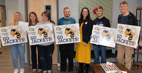 Five Fannin County High School seniors were surprised Friday morning, December 9, when they were presented acceptance letters to attend the Georgia Institute of Technology in the Fall of 2023. Shown during the presentation are students and Georgia Tech representatives, from left, McKenzie Chastain, Mary Tipton Woolley, Kaitlyn Nelson, Sam Jabaley, Katie Mattlie, James Kyle and Bryce Ware.