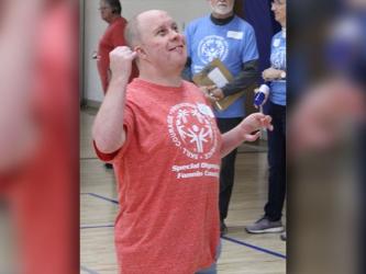 Several athletes from Mineral Springs Center competed in Fannin County’s Special Olympics basketball event last week. Jay Jenkins is excited after a successful basketball shot.