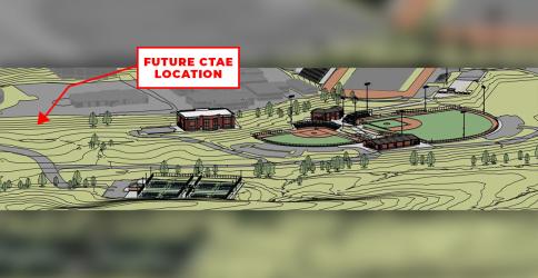 This is an architectural rendering of the plans for Phase 2 at Fannin County High School. Shown are the ball fields and associated facilities, tennis courts, and the new annex building, which is in the center. Also indicated is the next step, Phase 3, the new Career, Technical and Agricultural Education (CTAE) building.
