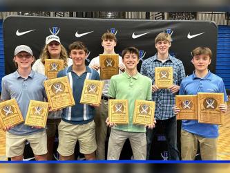 These Fannin County High School Rebel basketball players were recognized for their individual contributions to this year’s season, which saw the team place second in Region 7AA and earn a trip to post season play. Displaying their awards are, from left, front, Hudson Ethington, Ben Bloch, Matthew Ponton, and Jordan Richerson; and, back, Cole Gribble, Isaiah Angel and Kolton Kaylor.
