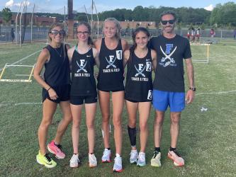 Fannin County High School’s Sydney Ford, Lindsey Holloway, and Karil Sams all earned spots in the 3200 meter Track & Field State Championship run. Shown following their performances at the Sectional Meet are, from left, Head Coach Miranda Roof, Ford, Holloway, Sams, and Coach Dr. Lucas Roof. 