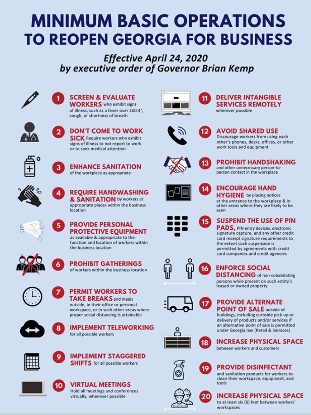 Governor Brian Kemp put these Minimum Basic Operations guidelines in place for all businesses that choose to re-open during the COVID-19 pandemic.