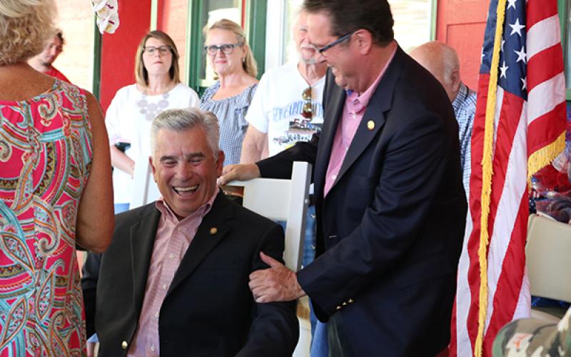 N.C. Rep. Kevin Corbin (right) jokes with N.C. Sen. Jim Davis after they announced Corbin would run for Davis’ seat in 2020.