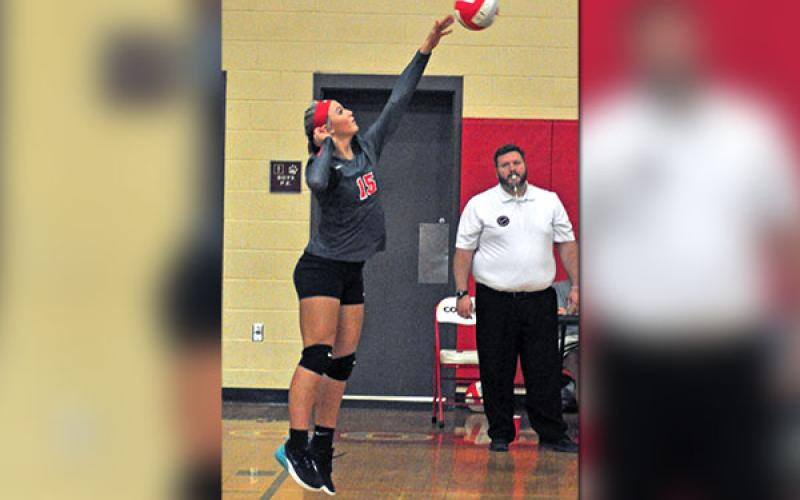 Lady Cougar Sapporiah Ross spikes the ball during Copper Basin’s volleyball match with Tellico Plains Tuesday, September 3.