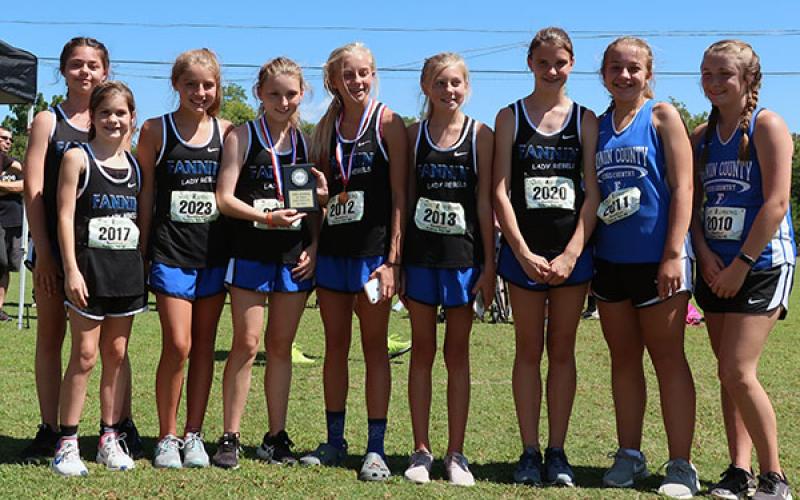 The Fannin County Middle School Lady Rebels cross country team competed in the Bulldog invitational in Murphy, North Carolina Saturday, September 7. The Lady Rebels did well, taking home first place awards. Lady Rebel runners pictured are, from left, Josie Clemmons, Danica Padrutt, Brayden Whitener, Shaylee Jones, Carlee Holloway, Lindsey Holloway, Bailee Stiles, Bryanna Contardi and Kristen Cipach.