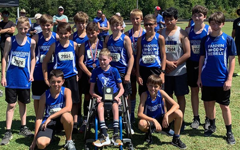 The Fannin County Middle School Rebels cross country team competed in the Bulldog Invitational in Murphy, North Carolina Saturday, September 7. The boys finished as the top team, taking home the first place awards. Athletes pictured  are, from left, front, Lukas Guay, Brady Smith, Matthew Ponton; back, Luke Callihan, James Bewley, Bristol Hughes, Andrew Nuckolls, Zechariah Prater, Cole Stevenson, Gavin Davis, Benjamin Bloch, Jonathan Gomez, Will Jones and Bryce Mitchell.