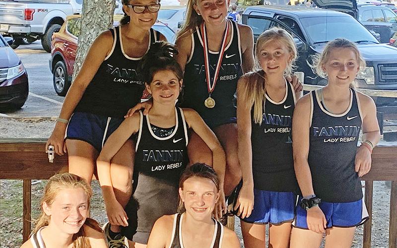 The Lady Rebels Cross Country team at Fannin County Middle School continues to turn in strong performances, finishing second in both the League Championship and Carney Invitational meets. Shown at Meeks Park in Blairsville for the League Championship event are, from left, front, Olivia Temples and Bailee Stiles; middle, Danica Padrutt, Lindsey Holloway and Shaylee Jones; back, Halle Walton and Carlee Holloway.