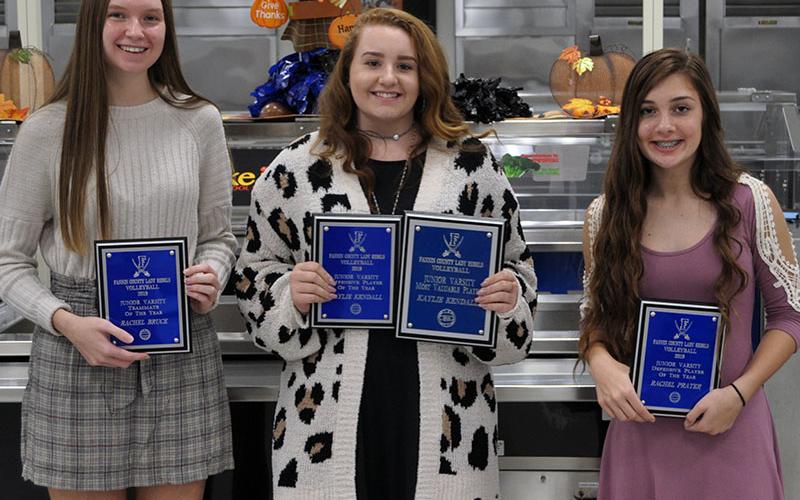 The Fannin County Lady Rebels junior varsity team celebrated a successful season at the volleyball banquet Tuesday, October 15. Individual award winners shown from left are, Rachel Bruce, Teammate of The Year winner; Kaylie Kendall, Offensive Player of the Year and Most Valuable Player; and Rachel Prater, Defensive Player of the Year.