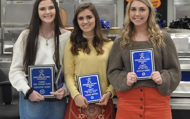 Three Lady Rebels on the varsity team won individual awards. Award winners shown from left are, Cheyanne Tilson, Most Valuable Player and Offensive Player of the Year; Madison Bowers, Defensive Player of the Year; and Hannah Green, Teammate of the Year.