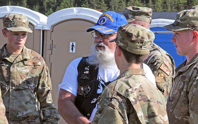 “You’re the future.” That’s the message Junior ROTC members Wesley Tanner, Chase Roll and Dawson Long, from left, heard from veteran Sam Chadot of American Legion Post 82 in Ellijay.