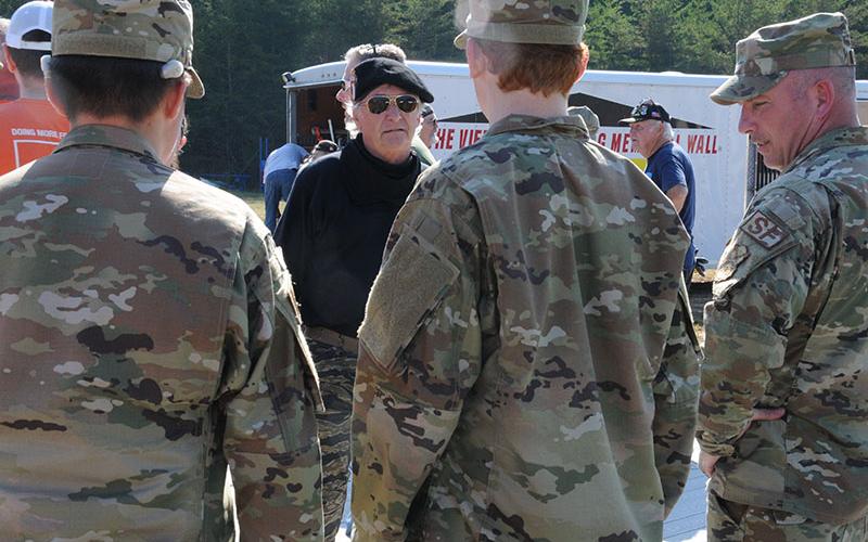 Veteran Bob Renneke was one of many Patriot Guard Riders who took time to visit with Junior ROTC members from Mountain Area Christian Academy. With Renneke, facing camera, are, from left, Vance Coffey, Ayden Gunsallas, the group’s advisor, SMSGT Harold Bargeron.