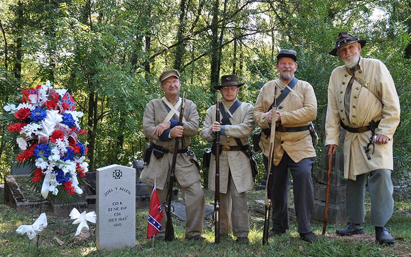 Four confederate soldiers came out to support the grave marker dedication at Crawford Cemetery for Pvt. Joel Younger Allen who fought in Company K with the 22nd North Carolina Infantry CSA. He was born October 18,1845 and died in 1910. Shown are, from left, Leo Baker, Jonathan Davis, Mike Davis and Jere McConnell.
