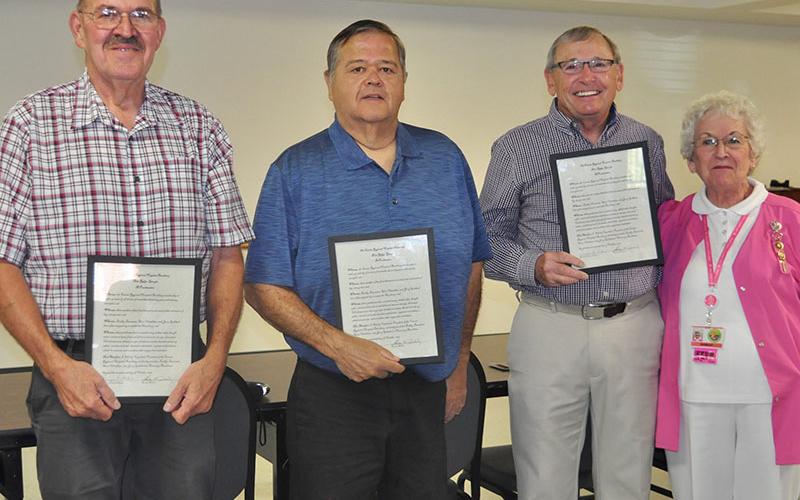 The Fannin Regional Hospital Auxiliary honored three of the “big, strong men” who help them with a variety of tasks as “honorary auxilians” Thursday, October 17. Shown are, from left, Jerry Goddard, Buddy Baumann, Steve Cheatham and President Shirley Copeland.