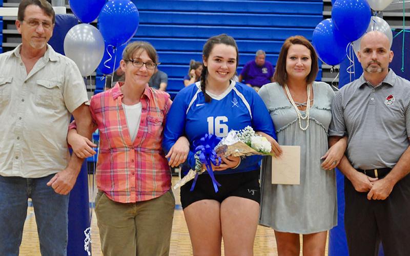Lady Rebel Haley Parks was honored during Fannin County High School Volleyball team’s Senior Night Thursday, September 26. Shown are, from left, Brian Houston, Leann Houston, Parks, Carrie Lindsey and Garrick Parks.