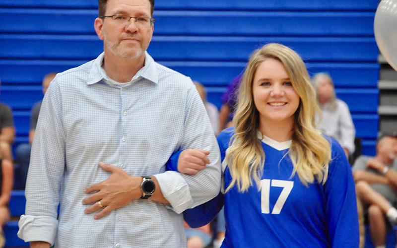 Lady Rebel Courtney Earls was escorted by her father, Travis Earls, during Fannin County High School Volleyball team’s Senior Night Thursday, September 26.
