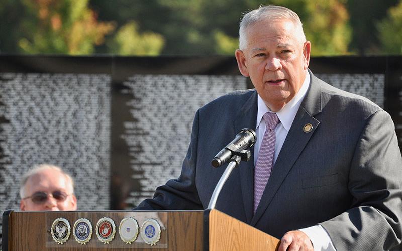 Georgia Speaker of the House David Ralston discusses the importance of honoring the fallen soldiers of the Vietnam War during The Vietnam Traveling Memorial Wall memorial service. The wall visited Blue Ridge October 3 through the 7. News Observer photo/ Sydney Taylor