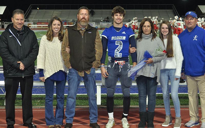 Fannin County High School held their senior night before the Rebels football game against Greater Atlanta Christian. Football, cheerleading, cross country and sports medicine seniors were honored. Pictured from left, Sophia Beavers, sister; Jeff Beavers, father; senior Carson Beavers, Lori Beavers, mother; and Adeline Beavers, sister.