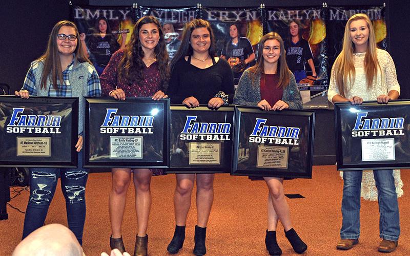 Five Lady Rebel softball seniors were honored at the Lady Rebels end of season banquet Monday, November 18. Seniors shown following the ceremony are, from left, Madison Mitchum, Emily Waldrep, Eryn Mealer, Kaelyn Hensley and Kayleigh Russell.