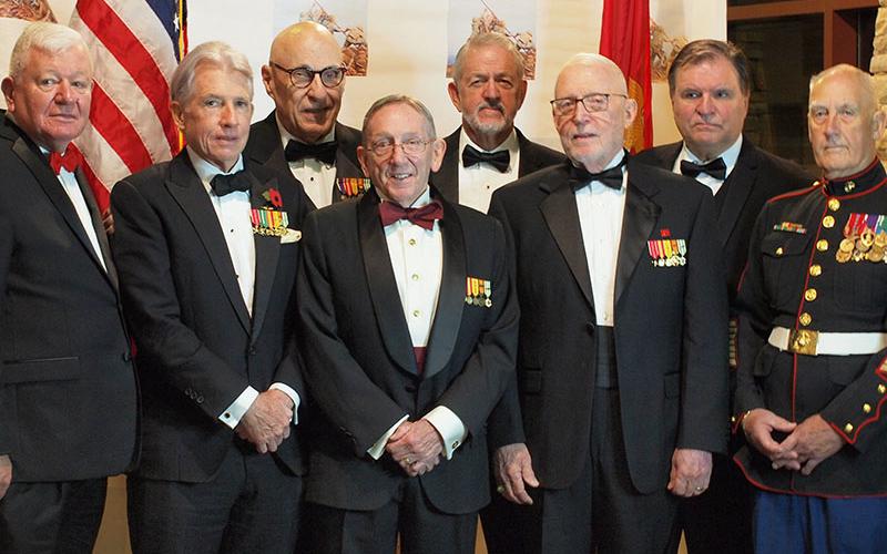 Some of the Marines who attended the North Georgia Marine Corps Ball November 9, included, from left, Colonel John Winkler, Captain Judd Kinne, Lieutenant Bryan Lash, Lieutenant Mike McLean, First Lieutenant Chuck Clark, Lieutenant Colonel John Regal, guest of honor Judge Pat Murphy and Sergeant Major Haywood Riley. The ball marked the 244th Birthday Celebration of the United States Marine Corps.
