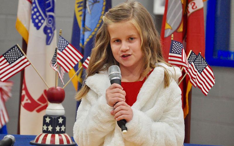 Blue Ridge Elementary School student Lily Whitener sang “You Are Our Heroes” at the school’s Veterans Day Ceremony Friday, November 8.