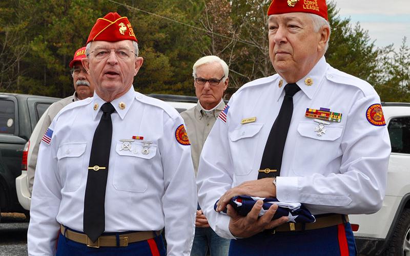 Marine Corps League Detachment #1438 members Jim Brumbelow, left, and Jeffrey O’Neill performed the flag raising ceremony at Fannin County Family Connection’s Ribbon Cutting and Open House Tuesday, November 19.