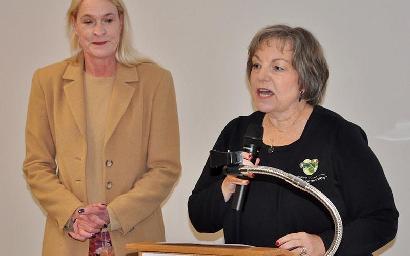 Fannin County Family Connection Executive Director Sherry Morris, right, presented Nora Link with a plaque recognizing the George Link Jr. Charitable Trust’s contribution to the new facility.