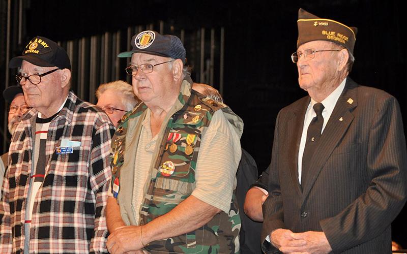 Fannin County High School celebrated the veterans in the community with a Veterans Recognition Program Wednesday, November 6. Shown are, from left, Garnett Webb, James Jeans and Robert Brown.