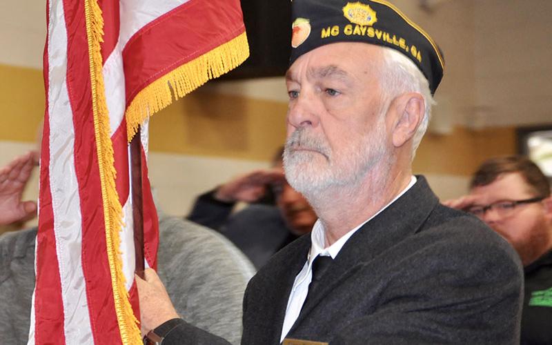 North Georgia Honor Guard member Steve Strickland posted the colors at West Fannin Elementary School’s veterans program Thursday, November 7.
