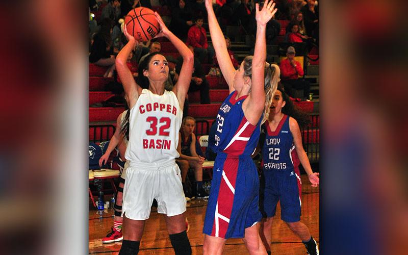 Lady Cougar Skyler Nipper goes up for a two-point jumper during Copper Basin’s 41-35 win against the Chattanooga Patriots Thursday, December 12.