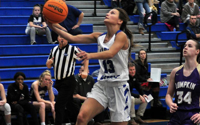 Lady Rebel Becca Ledford scores on a two-point layup during Fannin’s win against the Lumpkin County Lady Indians Tuesday, December 10.