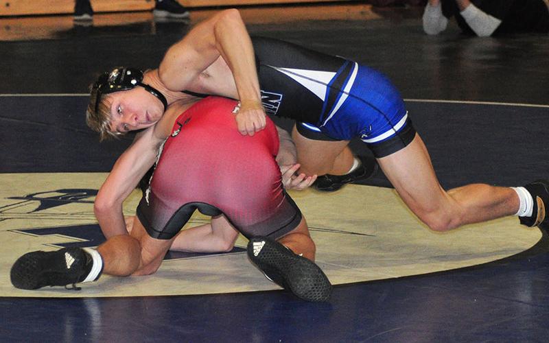 Rebel Landon Galloway works his oppenent in recent action for the Fannin County High School wrestling team. The Rebels are now 18-4 on the year.