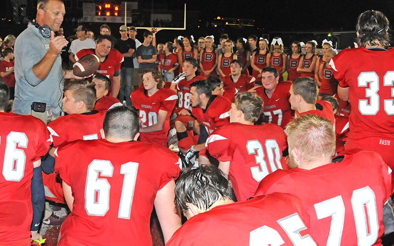 Copper Basin Cougars head coach Chad Grabowski talks to his team after the big win over Polk County this year. Grabowski’s sucessful season with the Cougars earned him Region Coach of the Year for Region 3-1A.
