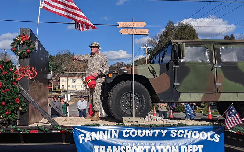 The Fannin County Schools Transportation Department created a float to honor the Christmas Around the World parade theme with a scene from Baghdad.