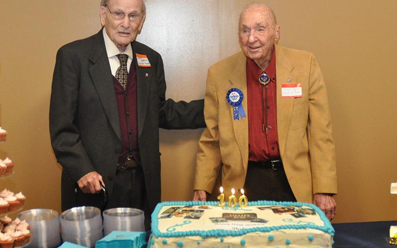 Fannin County historian Dale Dyer, right, and long-time friend and fellow Bomber pilot James Watkins both turn 100-years-old this December. Dyer said two other men who are also turning 100 had hoped to attend the party, November 30. Dyer officially turns 100 December 8, which has been declared as Dale Dyer Day by the City of Blue Ridge.